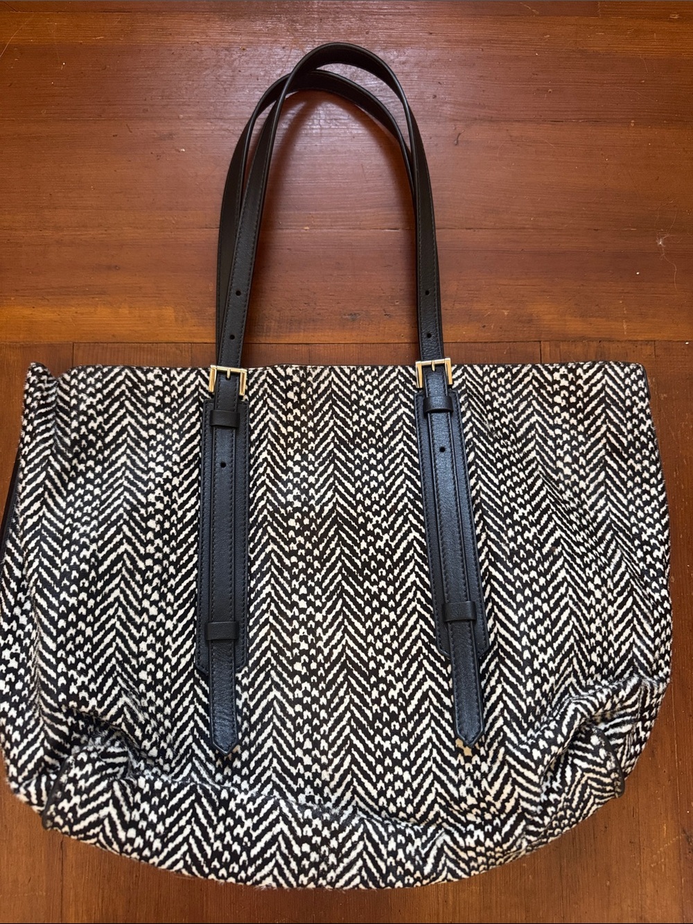 Giorgio Armani Black & White Herringbone Tote with Black Leather Straps